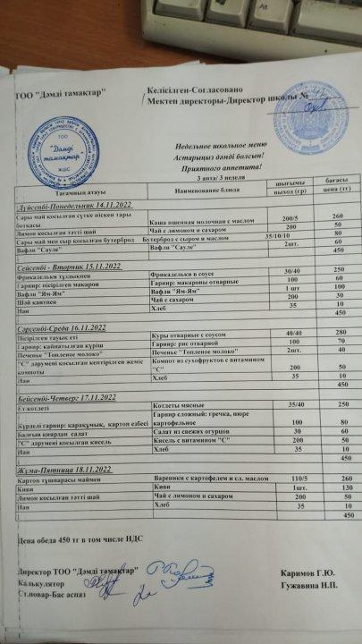 Мектептің апталық ас мәзірі
