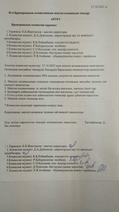 Бракераждық комиссияның мектеп асханасын тексеру актісі