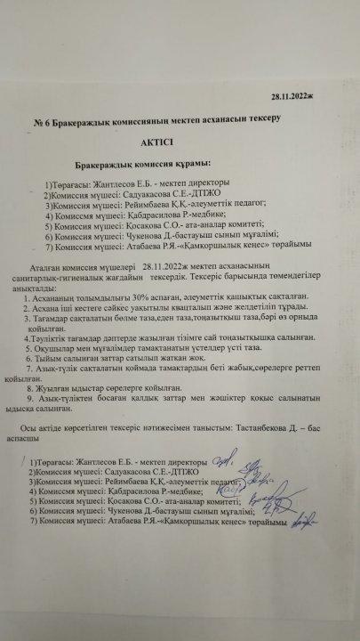 Бракераждық комиссиясының мектеп асханасын тексеру актісі