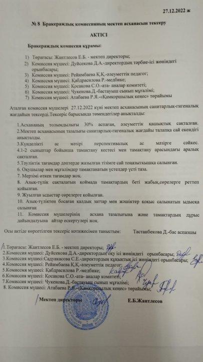 Бракераждық комиссияның мектеп асханасын тексеру Актісі