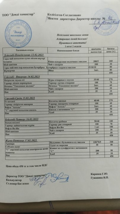 Апталық ас мәзірі