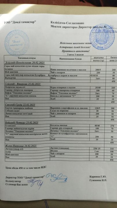 Мектеп асханасындағы апталық ас мәзірі