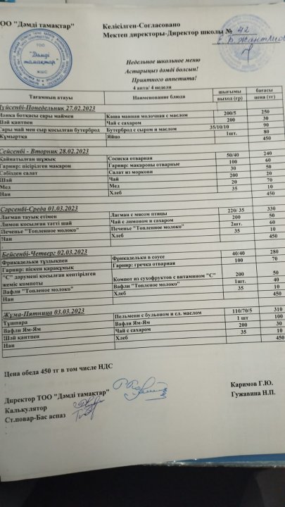 Апталық ас мәзірі 27.02.-03.03.2023 ж