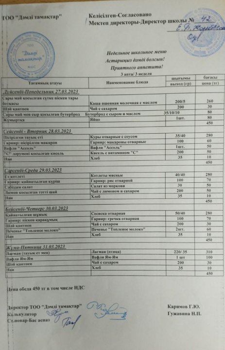 Апталық ас мәзірі