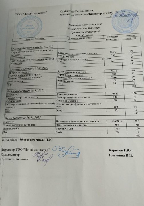 Мектеп асханасының апталық ас мәзірі