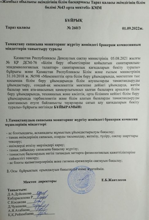 Тамақтану сапасына мониторинг жүргізу жөніндегі бракераж комиссияның міндеттерін таныстыру туралы