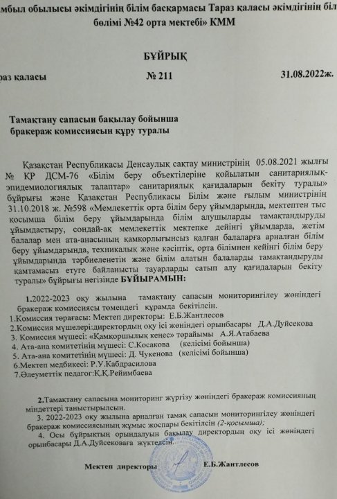 Тамақтану сапасын бақылау бойынша бракераж комиссиясын құру туралы