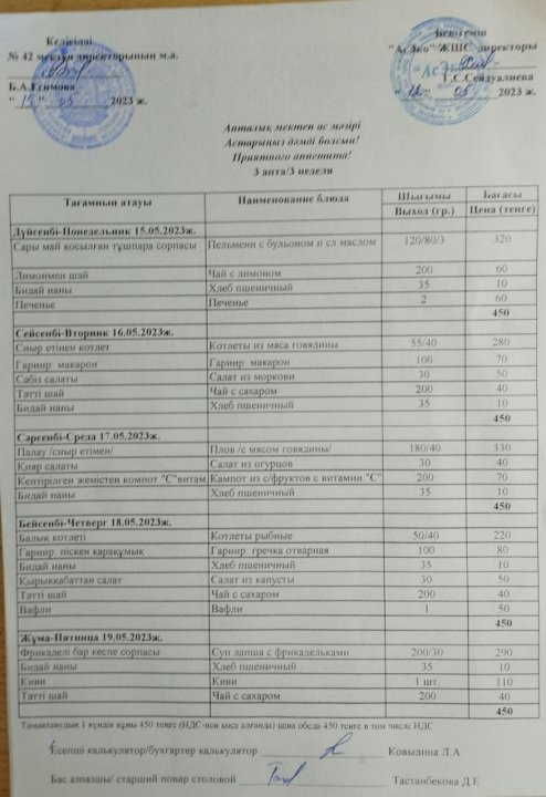 15.05-19.05.2023 ж апталық ас мәзірі