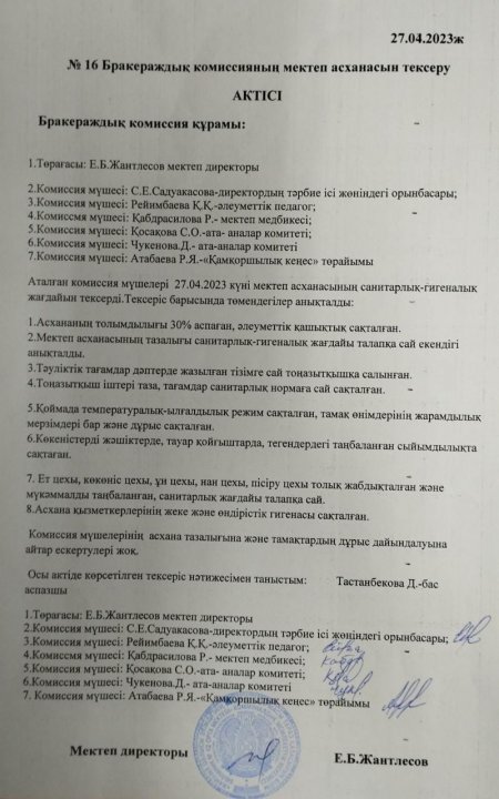 Бракераждық комиссияның мектеп асханасын тексеру Актісі