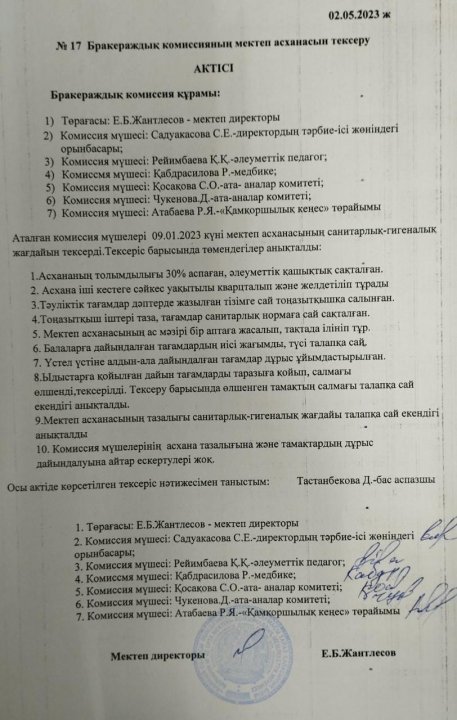 Бракераждық комиссияның мектеп асханасын тексеру Актісі