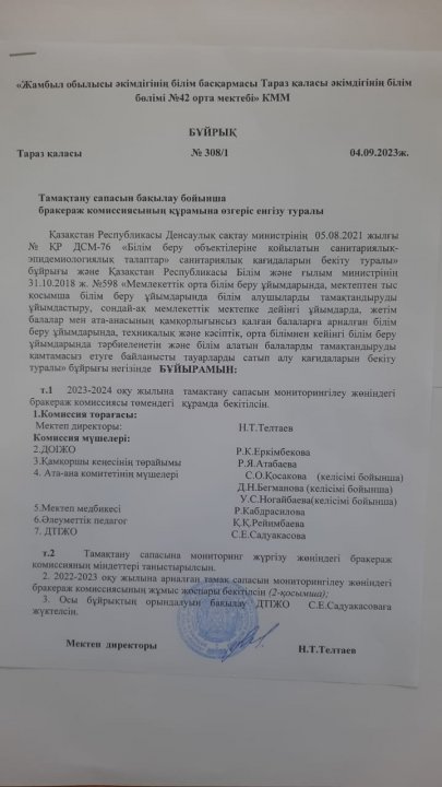 Тамақтану сапасын бақылау бойынша бракераж комиссиясының құрамына өзгеріс енгізу туралы