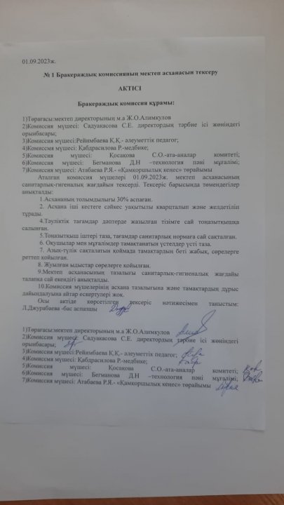 №1 Бракераждық комиссияның мектеп асханасын тексеру Актісі