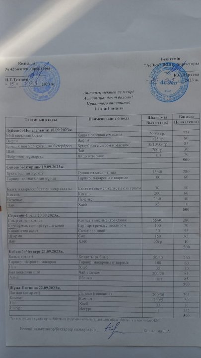 18.09-22.09.2023ж Апталық ас мәзірі