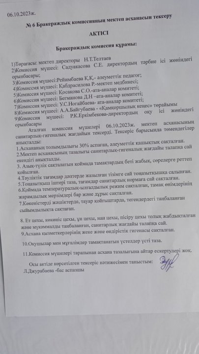 №4 Бракераждық комиссияның мектеп асханасын тексеру АКТІСІ