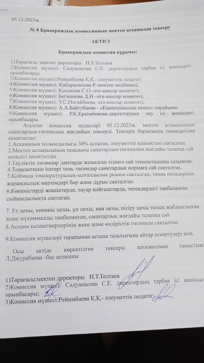 Бракераждық комиссия мүшелерінің мектеп асханасын тексеру АКТІСІ